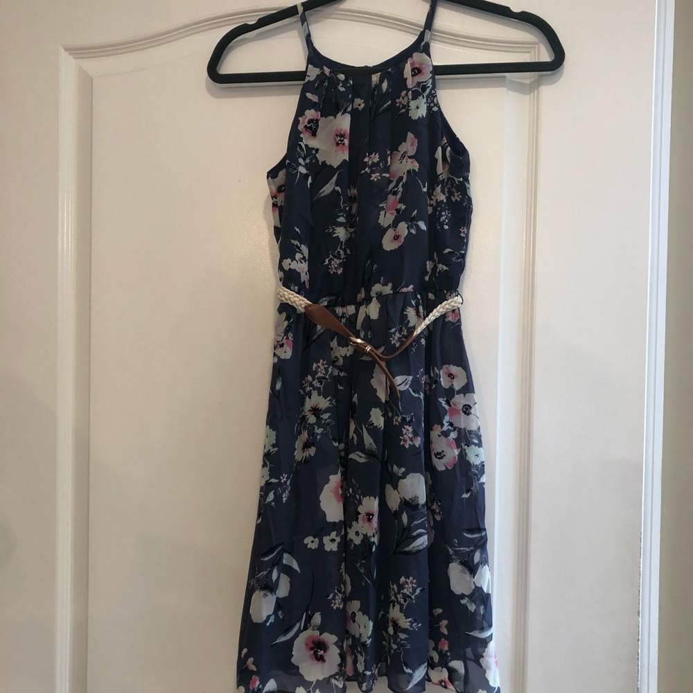 Girls dress blue with floral and rope belt